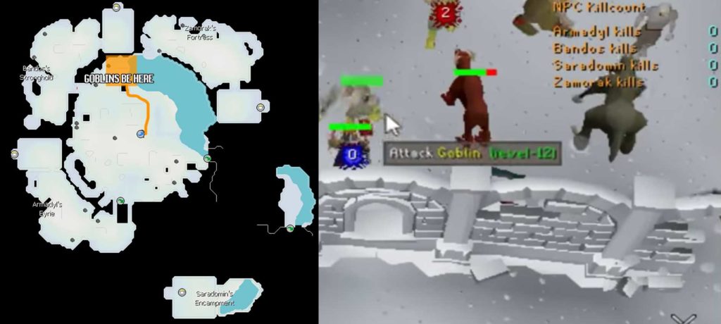 You should kill the goblins to acquire your bandos kill count in the god wars dungeon. Part of the OSRS Bandos Guide
