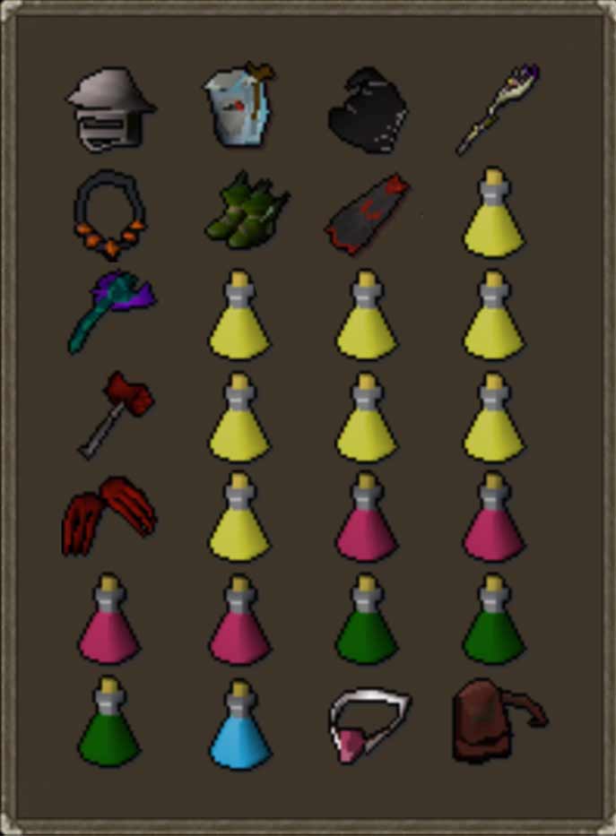 Theatre of Blood inventory example. Bring a range switch, magic switch, spec weapons, salve amulet, rune pouch with barrage runes, super combat potions, ranging potions, super restores and saradomin brews.