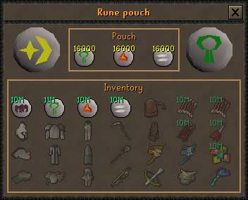 the rune pouch interface looks like this. You can have a maximum of 3 runes in the pouch with a maximum of 16000 each. 
