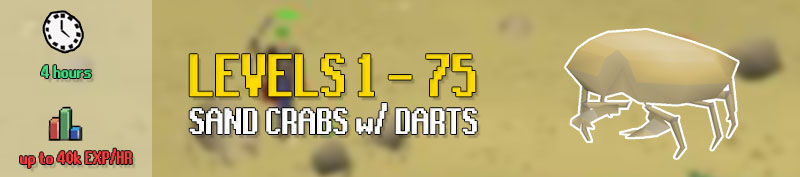 From levels 1 - 75 ranged you should be training at sand crabs with darts for the best experience rates without breaking the bank