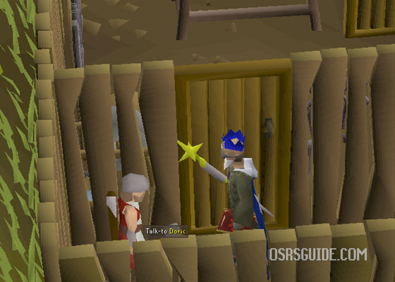 speak with doric in his house north of falador to start the quest