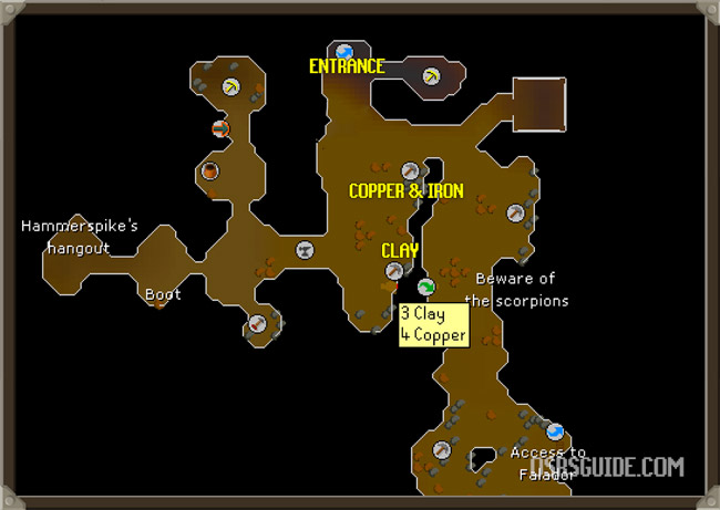 location of copper, iron and clay in the dwarven mine for dorics quest
