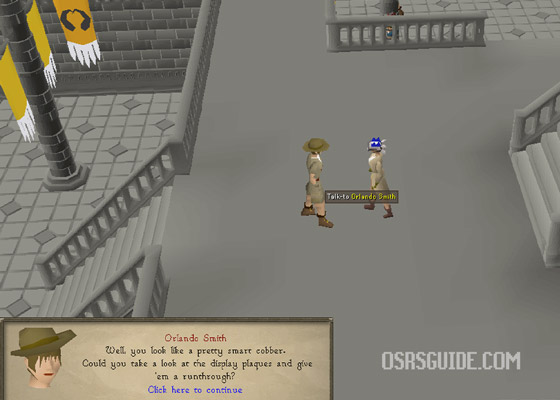 speak with orlando smith downstairs in the varrock museum to start the varrock museum quiz