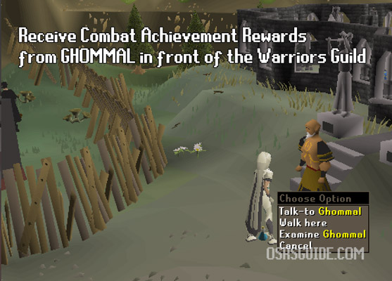 claim combat achievement rewards from ghommal in the warriors guild