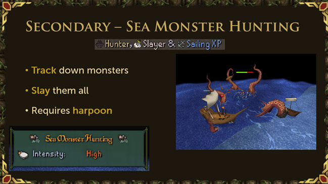 sea monster hunting is a proposed activity for the sailing skill which will combine the hunter, slayer and sailing skills
