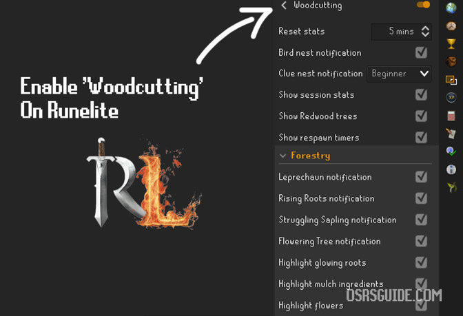 enable woodcutting plugin on runelite to make woodcutting via forestry easier