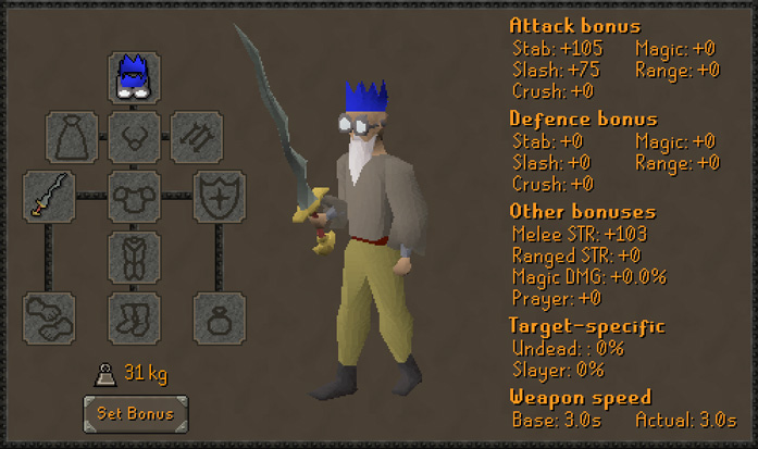 pictured: stats of the Osmuntens' fang, currently the best melee training weapon in osrs