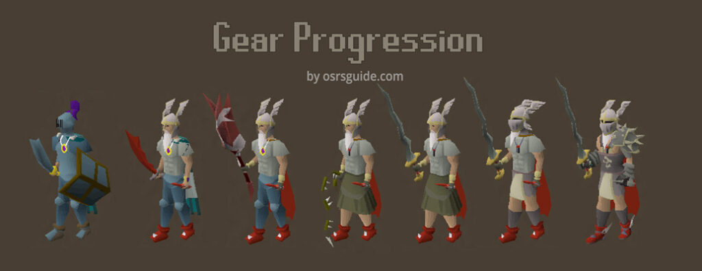 an illustration that shows the gear progression from early to end game in osrs