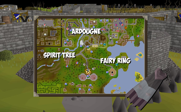 The Ardougne cloak teleports you to the monastery, which is close to a Fairy Ring, Spirit Tree and Ardougne